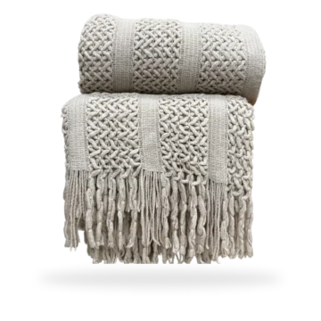 Izel Beige knitted throw with Ruffled Fringe