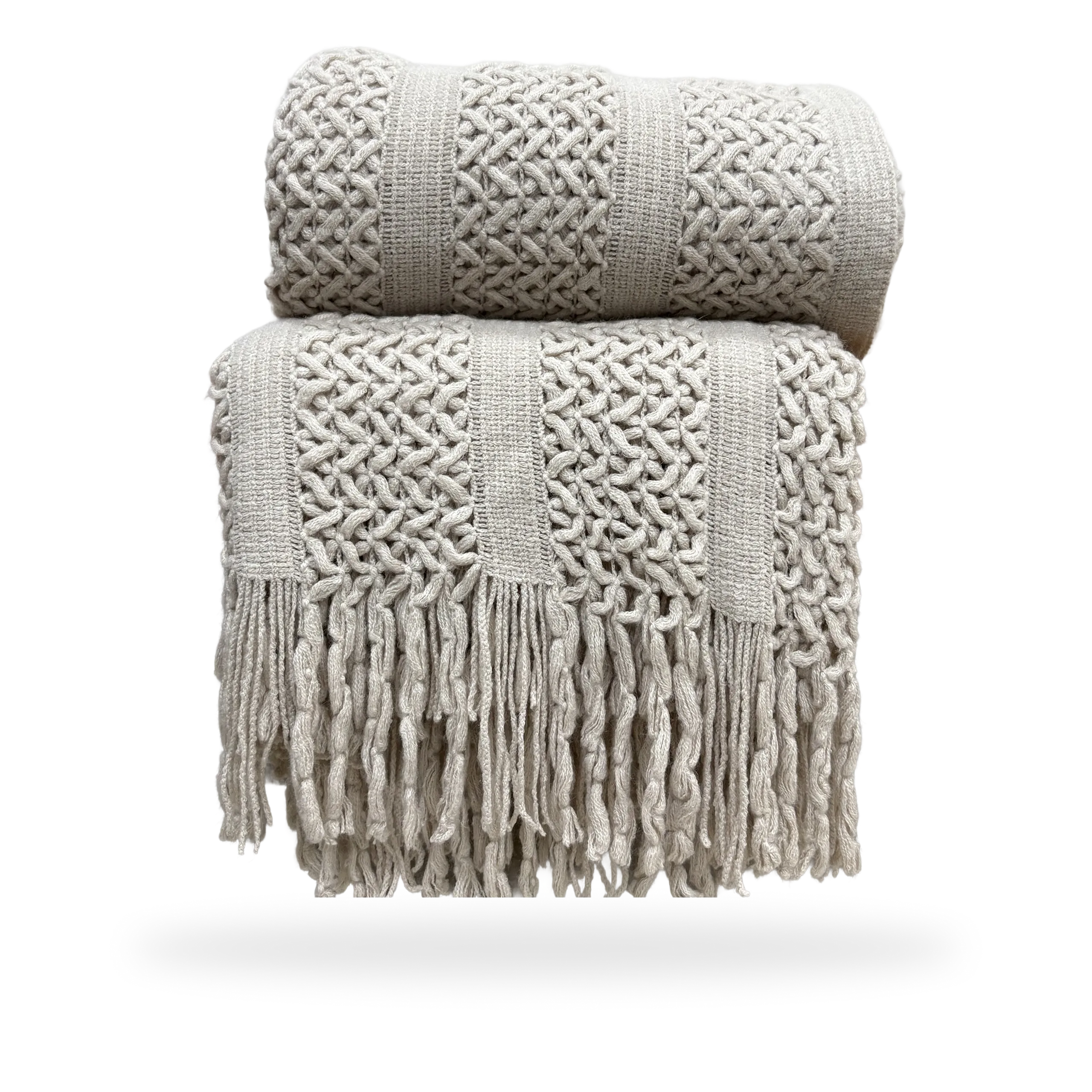 Izel Beige knitted throw with Ruffled Fringe